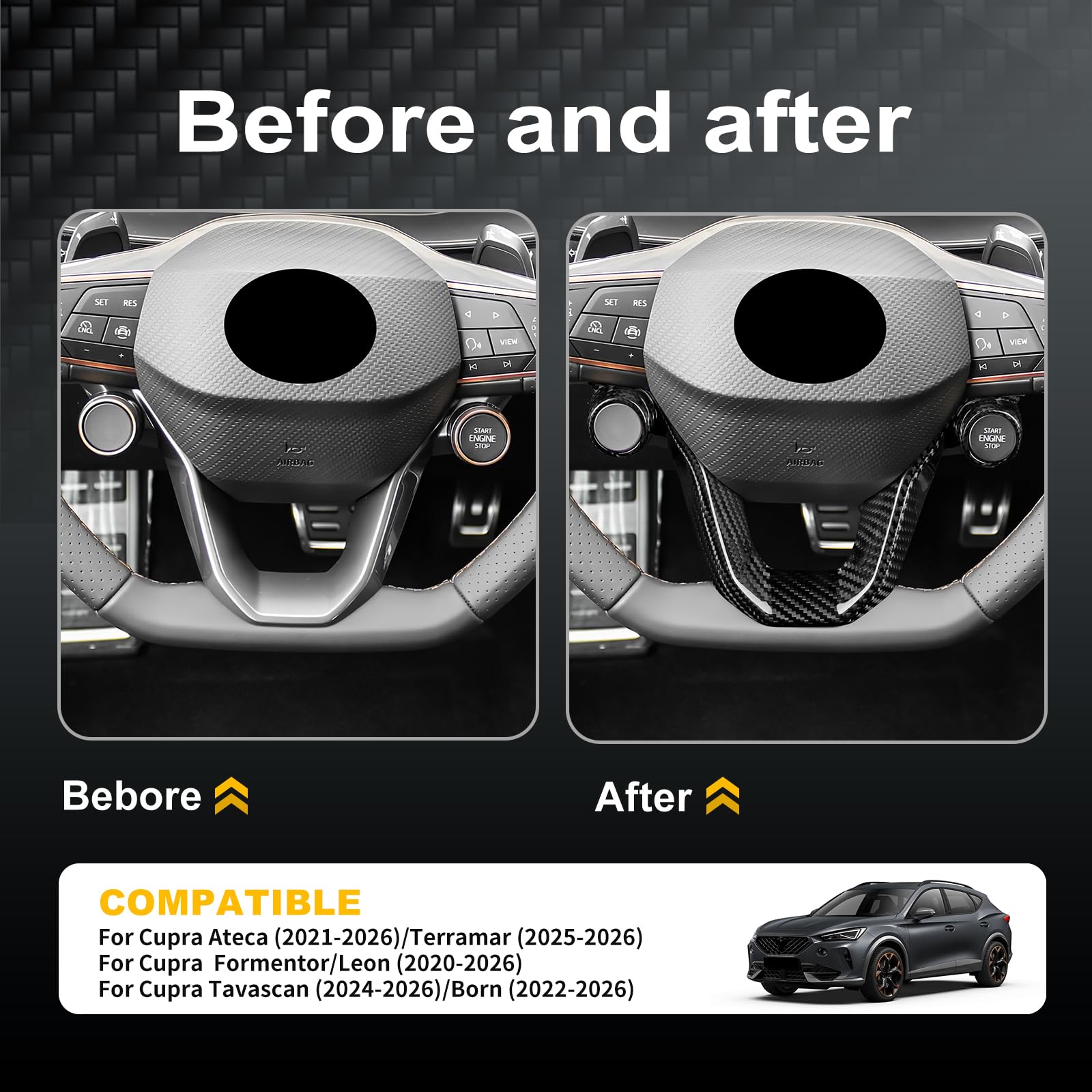 KUNGKIC Pegatina de barbilla de volante de coche de fibra de carbono seca para Cupra Ateca/Terramar/Cupra Formentor Cupra Leon/Born/Tavascan Accesorios de decoración de interiores (negro)