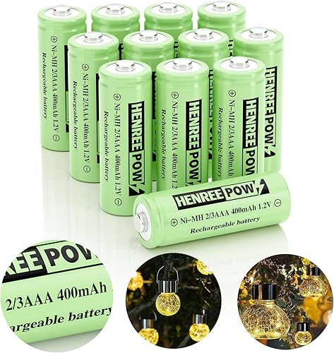 Henreepow Ni-MH 23AAA 1.2V 400mAh baterías recargables, baja autodescarga, largo alcance con botón superior para luces solares, longitud 23 del