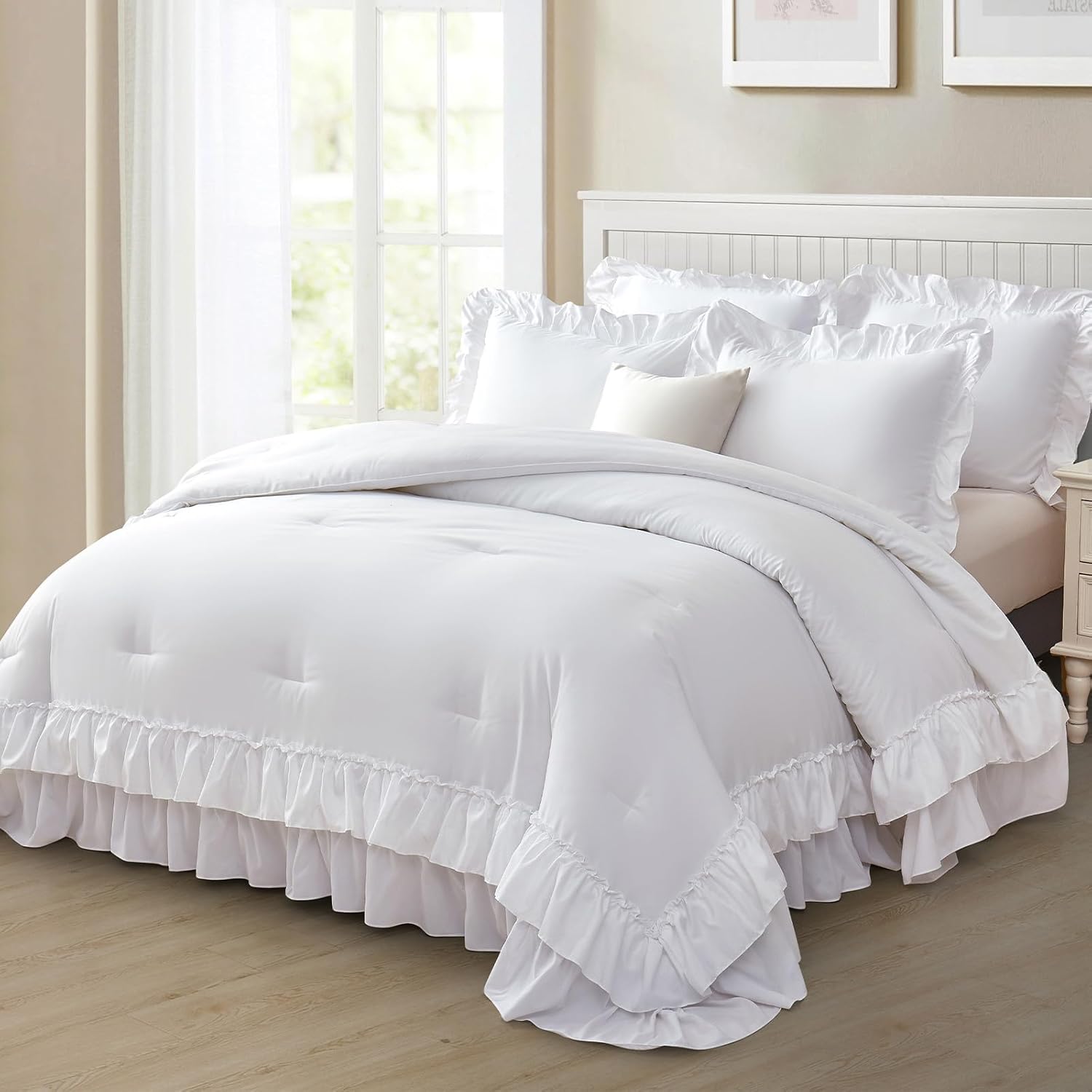 Ruffle Queen Comforter Set, 3 Pieces White Lightweight Fluffy Bedding, All Season Soft Microfiber Shabby Chic Farmhouse Decor for Women Girls Teens