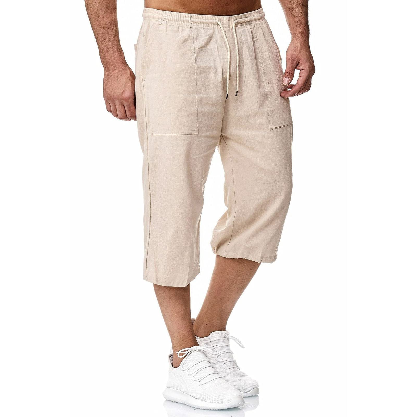 Remxi Uomo Lino Pantaloncini Shorts da Pantaloni Uomo 3/4 Cotone Lino Pantaloni Uomo Estate Vita Elastica La Spiaggia