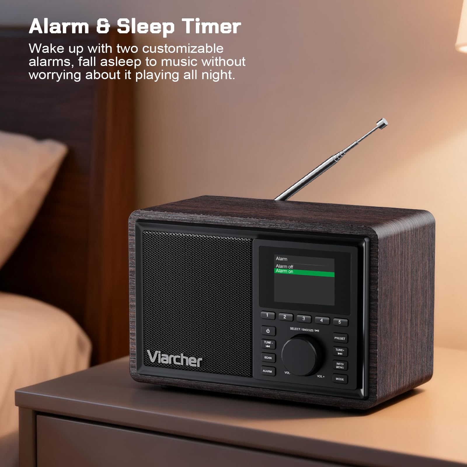 DAB/DAB+ & FM Digitalradio mit Bluetooth, Küchenradio mit Dual-Weckfunktion, Schlaf-Timer, 60 Sendern, AUX, Farbdisplay, Nussbaum-Optik