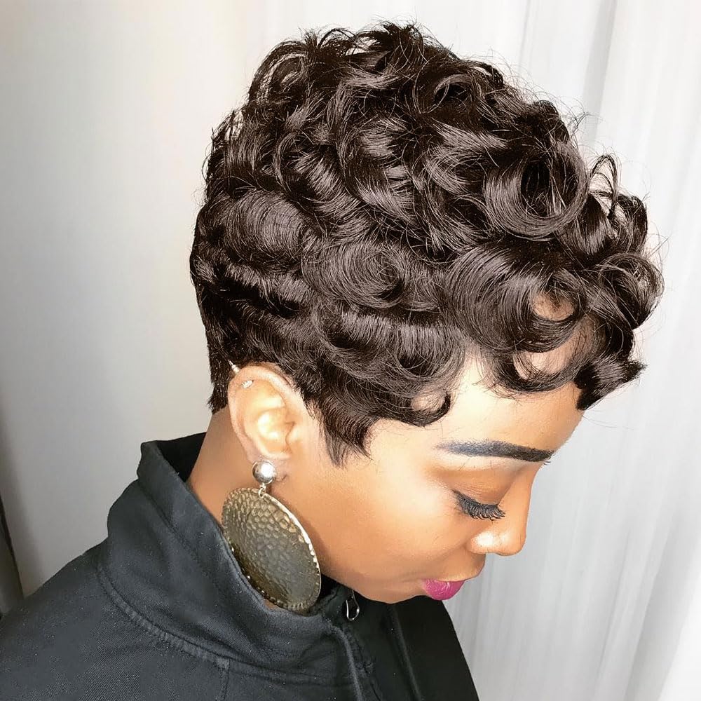 Amazon.com : MOONSHOW Brown Pixie Cut Wig Short Curly Wigs  display picture 2