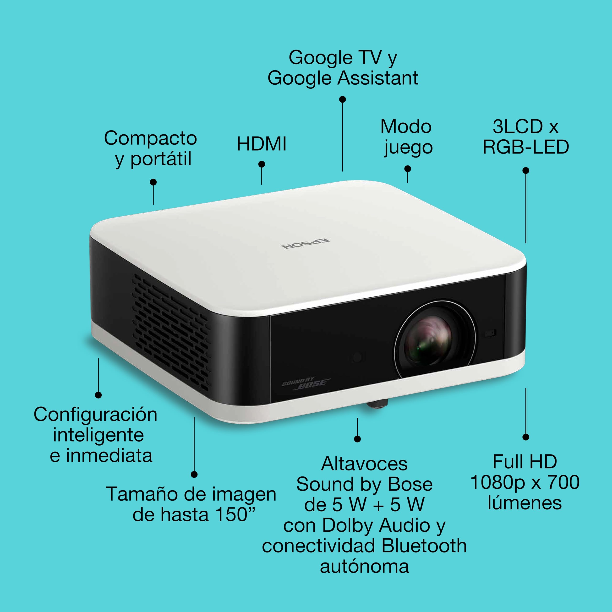 Epson Lifestudio Pop EF-61W | Proyector Smart TV portátil Full HD 1080p | Sound by Bose | 700 lúmenes | 3LCD x RGB-LED | Google TV | Pantallas de hasta 150″ | Garantía de 5 años | Blanco