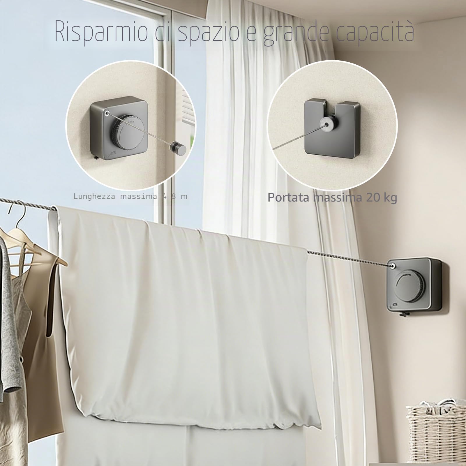 Stendibiancheria Retrattile, Stendino a Scomparsa per Biancheria 4.8M in Acciaio Inossidabile, Cavo Stendibiancheria da Parete per Interni ed Esterni, Anti Abbassamento, Ideale per Balcone e Bagno