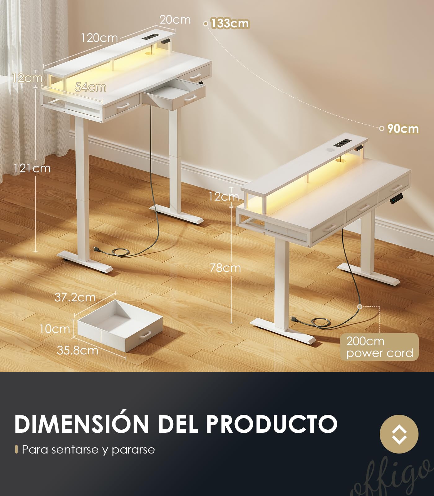 OffiGo Mesa Elevable Escritorio con Cajones, 120cm Escritorio Elevable con Soporte para Monitor, Mesa Gaming con Carga y Luces LED, Mesa Regulable Altura, Blanco