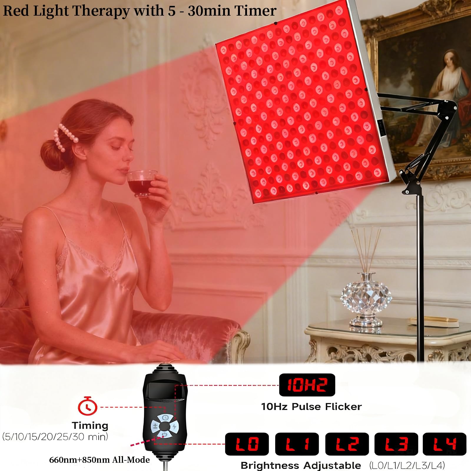 Lámpara de luz roja para cobertura corporal completa con panel infrarrojo, 225 LED de 660 nm y 850 nm, 31 x 31 cm, 5 niveles de brillo y 6 temporizadores, con modo de pulso de 10 Hz (Plata)
