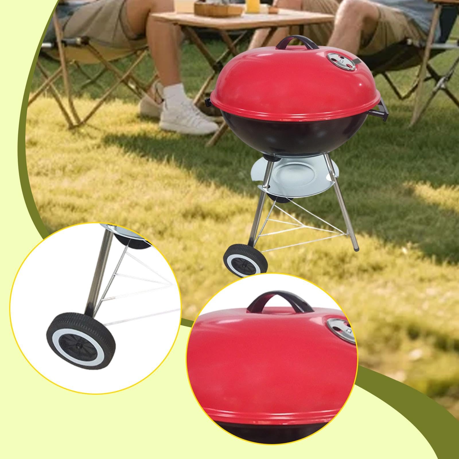 Barbecue Portatile con Ruote, Coperchio, Controllo della Temperatura E Ammortizzatori, Ideale per Esterni E Barche, Rosso