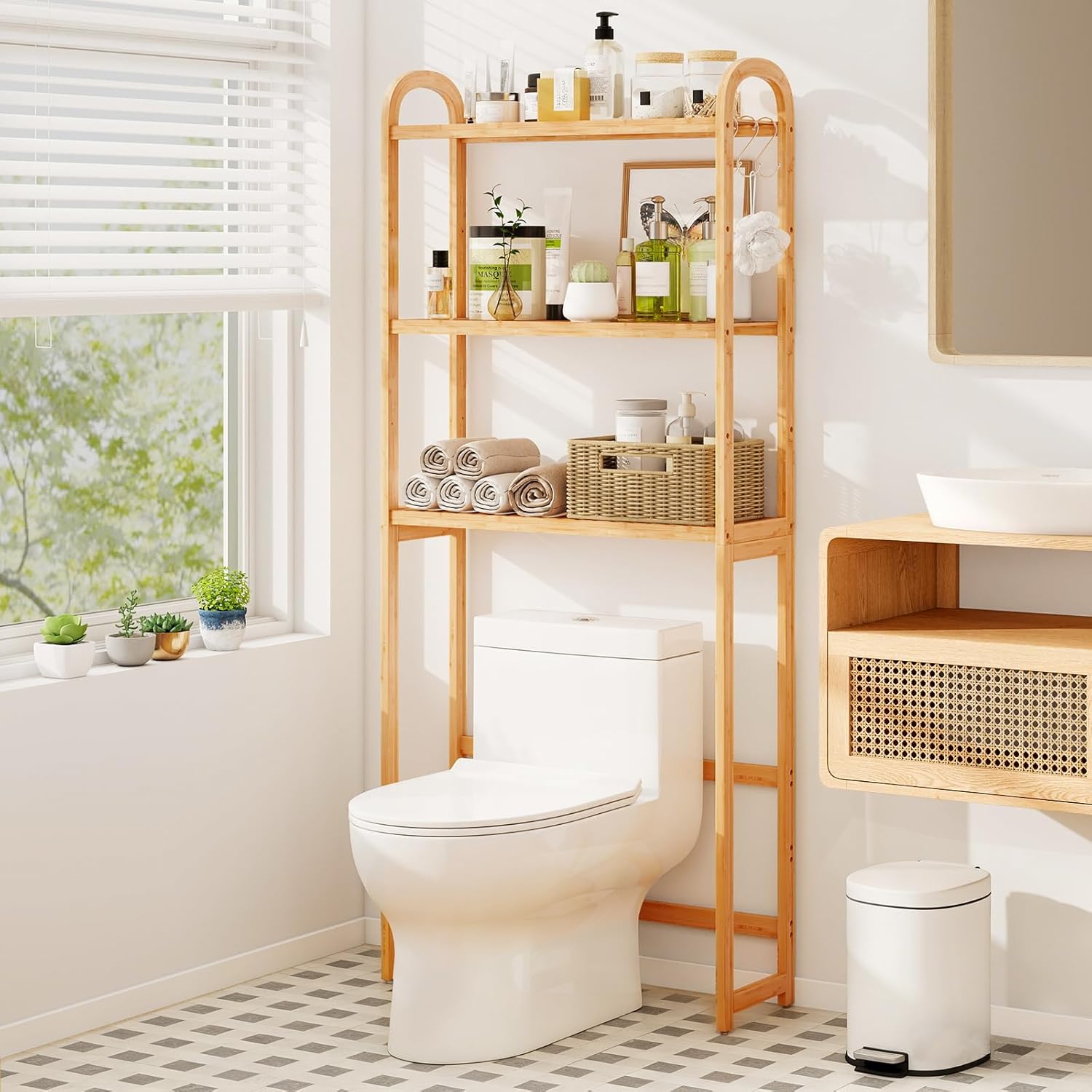 Giantex Bamboo Over The Toilet Storage, 3-Tier Over Toilet Bathroom Organizer with 3 Hooks & Adjustable Shelves, Freestanding Space Saver Above Toilet Shelf Rack for Laundry, Balcony, Restroom