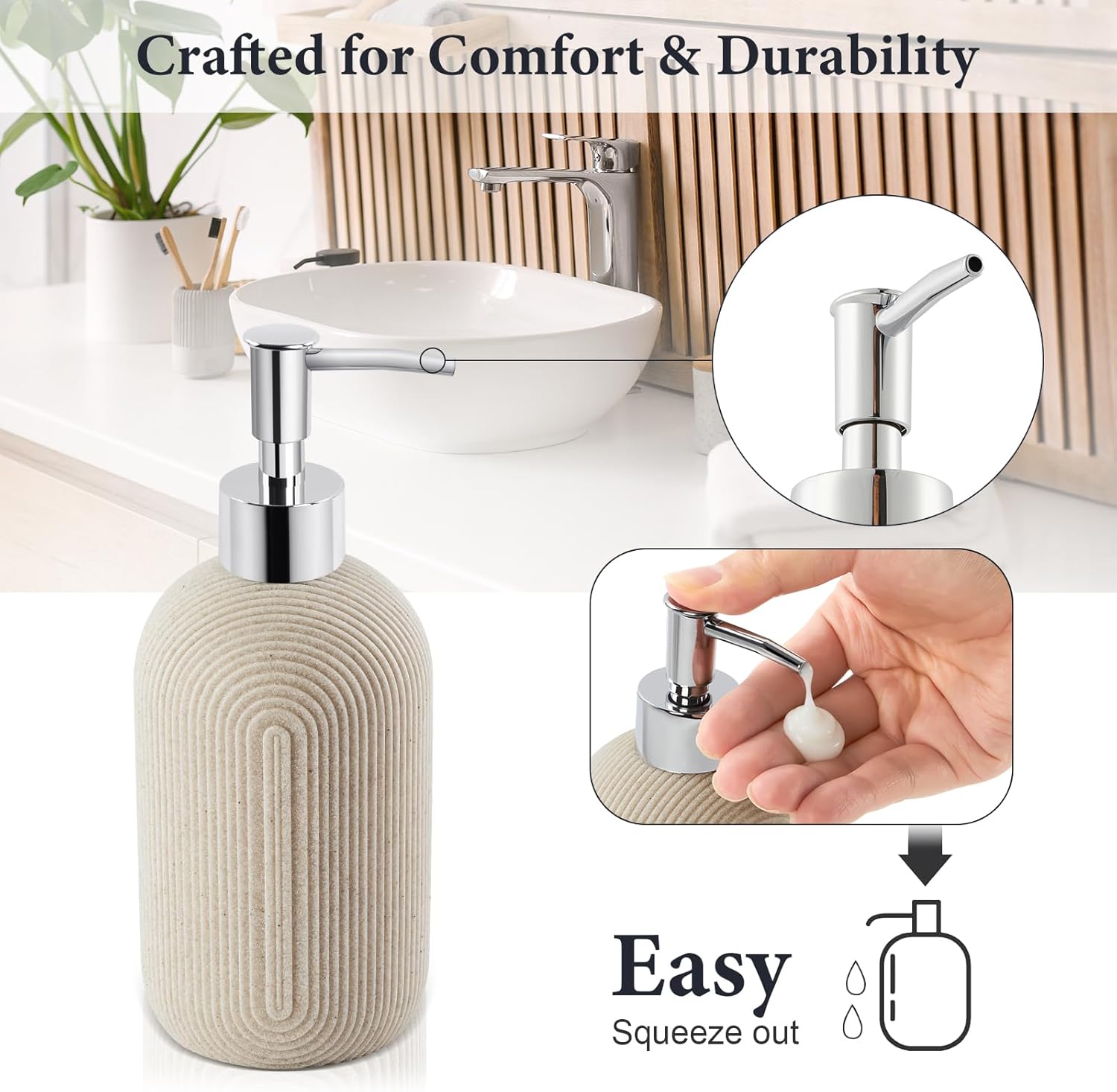 Bathroom Accessories Set - 7-Piece Resin Bathroom Set, Toothbrush Holders Set, Soap Dispenser, Qtip Holder Dispenser, Tumbler, Soap Dish & Tray, Modern Bath Decor for Home Dorm Hotel (Beige) - Image 4