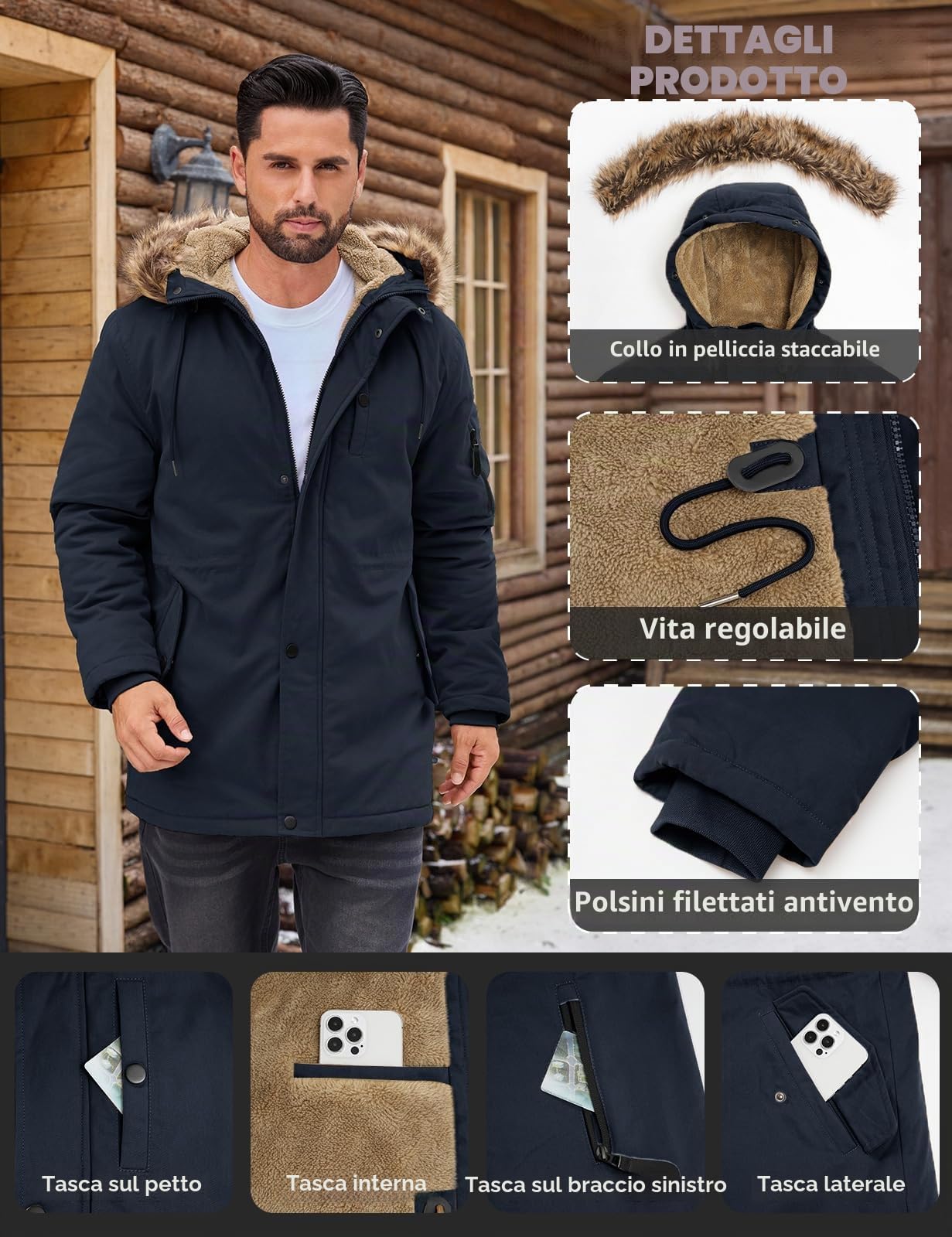 Xnova Giacca Invernale Uomo con Cappuccio Giubbotto Parka in Pile Caldo Medio Lungo, Cappotto Termico Militare Giubbino Antivento in Cotone con Tasche per Outdoor Sci Trekking