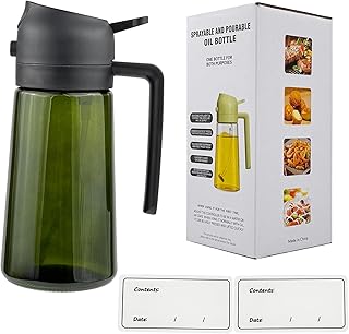 Oil Spray Bottle Dispenser for Kitchen Cooking, 470ml 16oz 2 in 1 Olive Oil Mister with 2 Waterproof Stickers for Kitchen Gadgets, Air Fryer, Salad, Frying, BBQ - Black Lid + Green Bottle