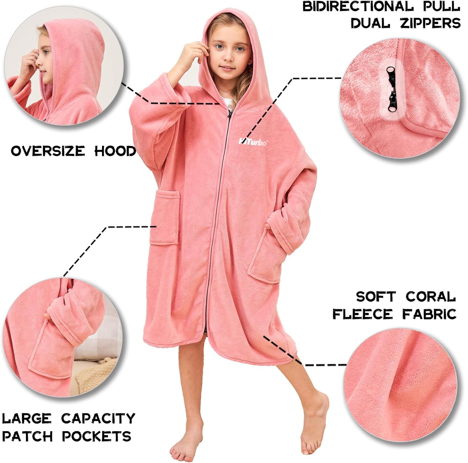Hiturbo Kids Bath Towel Hoodie: Soft Plush Zipper Surf Poncho - Warm Fleece Changing Towels Swimming Outerwear (Pink) - Image 3