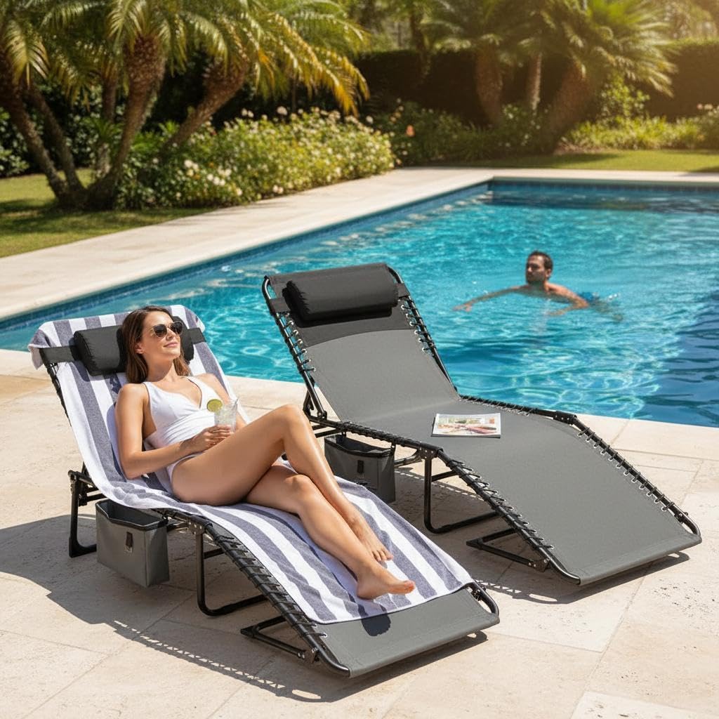 Outdoor Chaise Lounge Chair, Foldable Tanning Chair with 5-Level Adjustable Backrest, Portable Sun Lounger with Carry Handle, Side Pocket & Removable Pillow for Beach, Pool, Patio, Camping, Gray