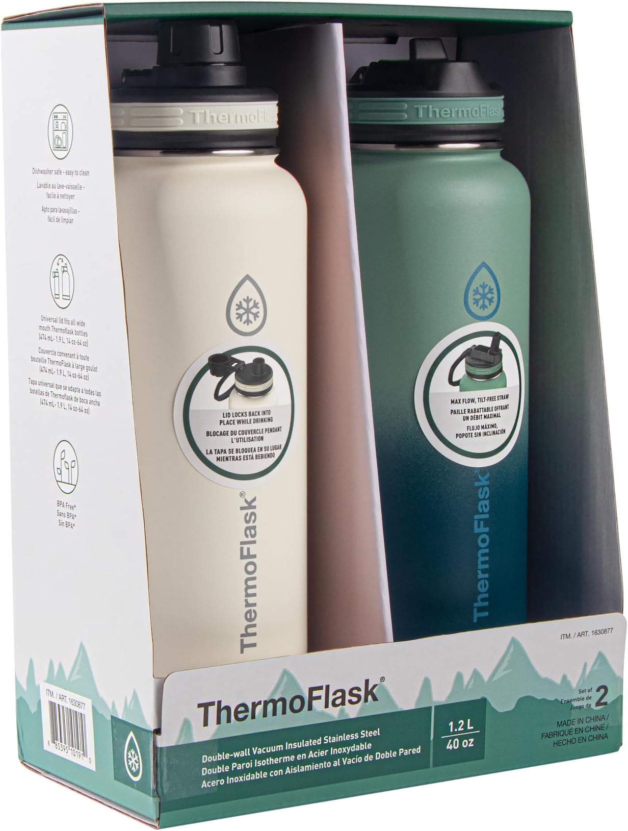 Thermoflask 40oz Stainless Steel Insulated Water Bottles with Straw and Spout Lids, 2-pack, Off White/Glade Green