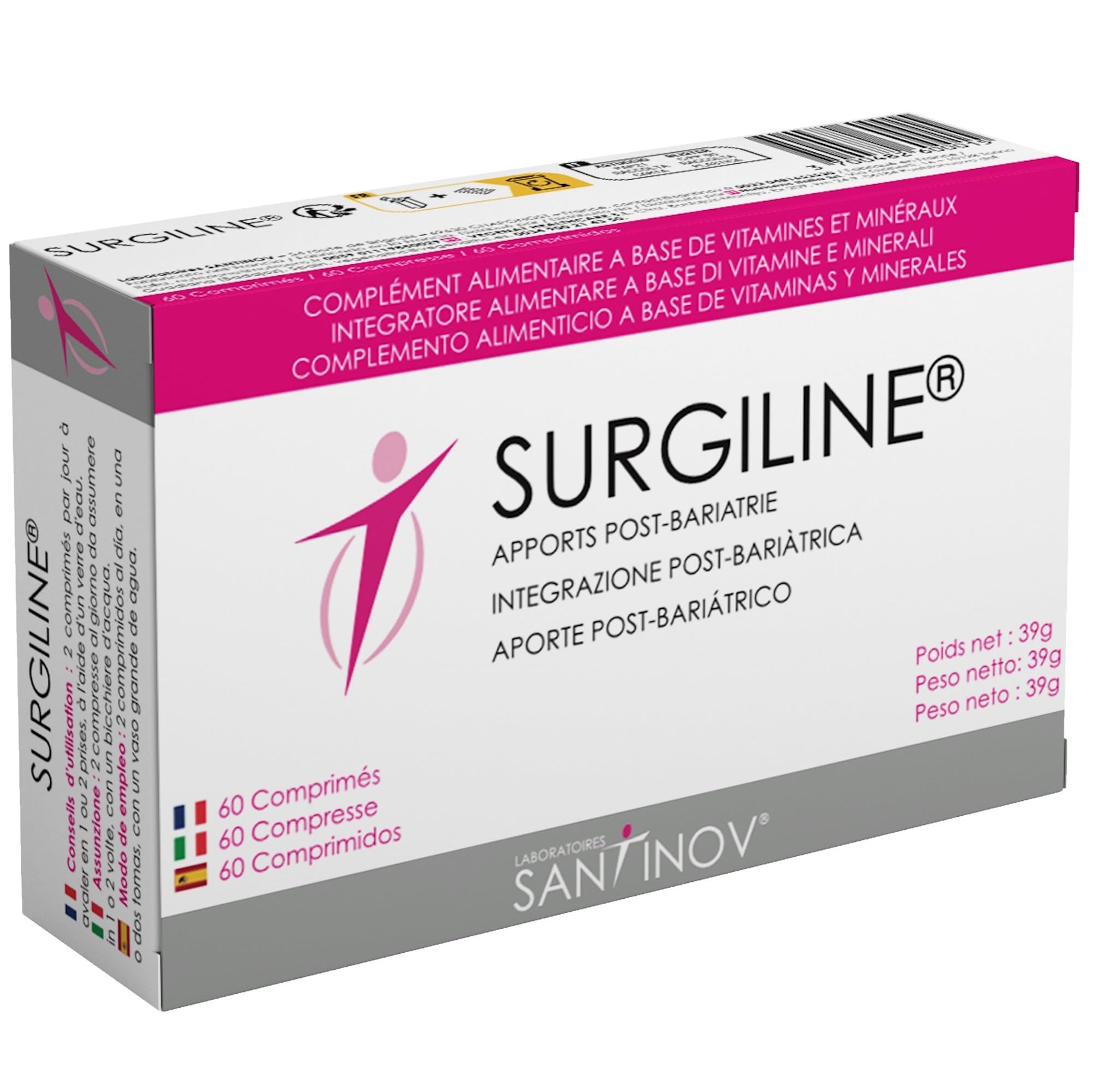 SANTINOV - SURGILINE - Comprimés Post Bariatrie - Sleeve Gastrectomie, by-pass, anneau gastrique - 2 complémentations en une : vitamines et minéraux + magnésium