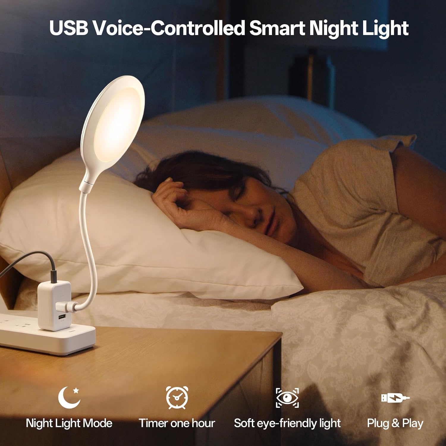 Voice Control USB Night Light Nursery USB Bedside Night Light-2 Pack image 3
