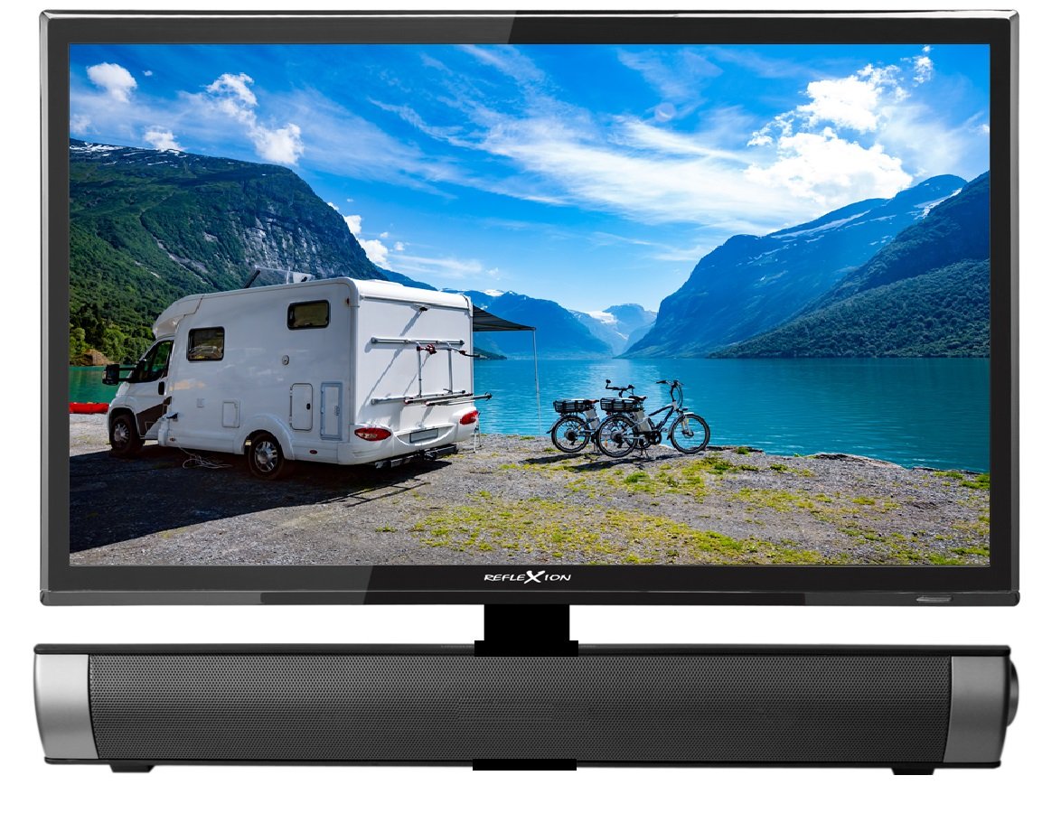 Reflexion LEDW24SB telewizor LED (24 cale) z soundbarem do samochodów kempingowych z DVB-T2 HD, potrójnym tunerem i adapterem samochodowym 12 V (12/24 V, Full-HD, HDMI, USB, EPG, CI+, DVB-T), czarny
