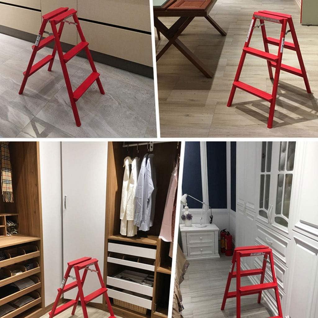 JSEIAJB Step Ladder, Safety and Stability 3 Folding Stepladder Aluminum Stool Multi-Use Red