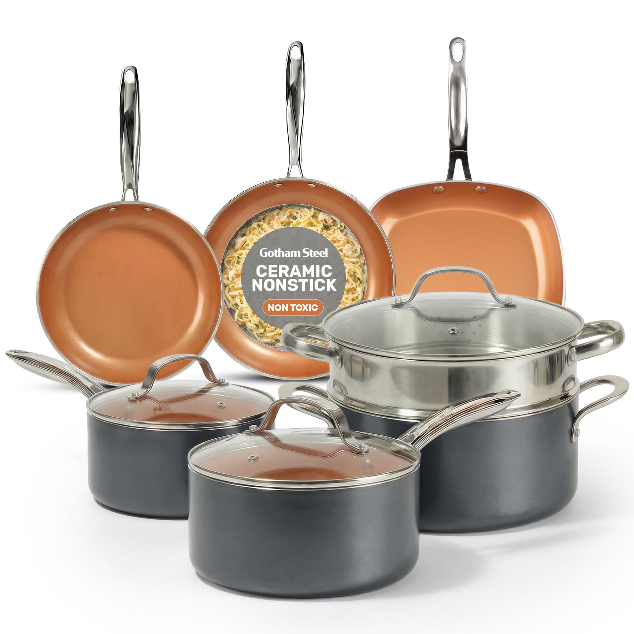 Gotham Steel 12 Pc Ceramic Cookware Set Nonstick, Ceramic Pots and Pans Set Non Stick with Steamer for Cooking, Non Toxic PFOA PFOS Free, Ergonomic Stay Cool Handles, Oven & Dishwasher Safe, Copper