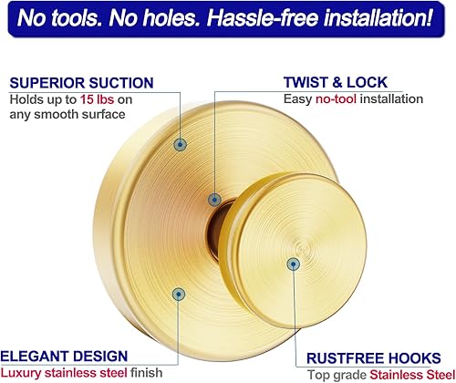 Miniatura 5 de Ganchos para colgar toallas, batas de baño o esponjas, ideales para duchas, ventanas, puertas de vidrio, paquete de 2 unidades, color dorado