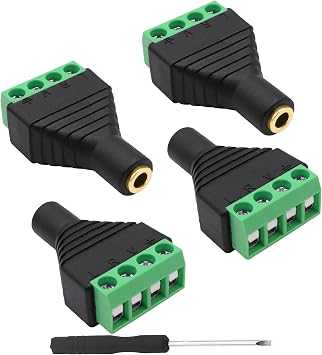 3.5mm 1/8" Solderless Connector TRRS Screw Terminal Block Stereo Adapter 1/8 inch 4 Pole TRRS Audio Female Jack to 4 Pin Screw Terminal Headphone Balum Converter -4 Pack 3.5mm TRRS Female