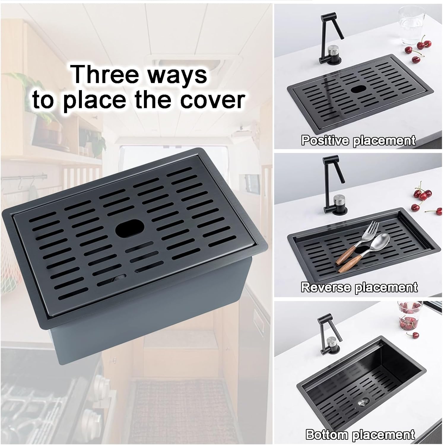 Small Camper Sink with Foldable Faucet & Cover 304 Stainless Steel Sink for Office Laundry Wet Bar and Outdoor Use Compact Size(Black-350 * 220 * 165mm)