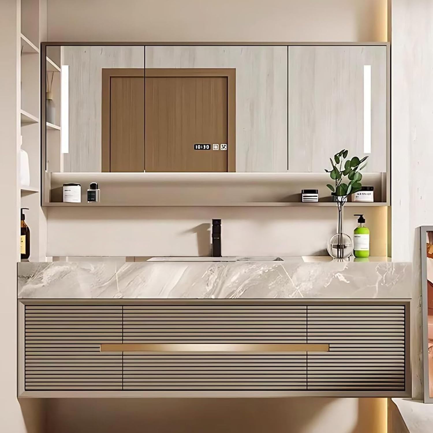 Bathroom Vanity - Light Luxury Bathroom Vanity with Sink Includes Khaki Striped Cabinet Doors | LED Smart Mirror Cabinet,2 Drawers & 2 Cabinets(48IN)