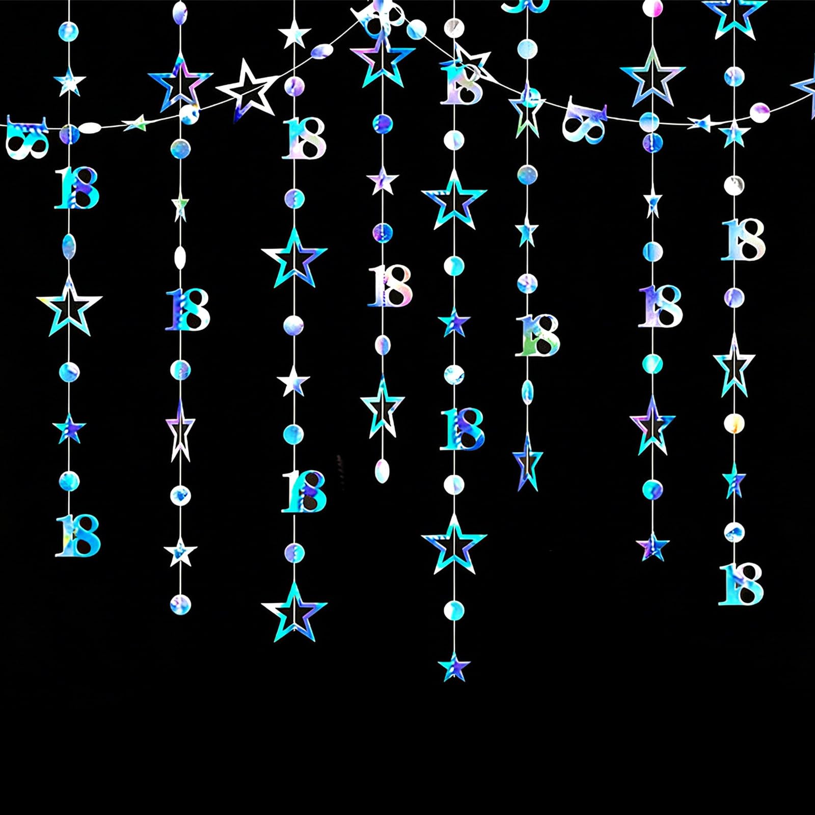 GAKA FAVOR Iridescent 18th Birthday Decorations for Her and Him Number 18 Circle dots Star Garland Banner Streamer for 18th Birthday and Anniversary Decor(40ft)