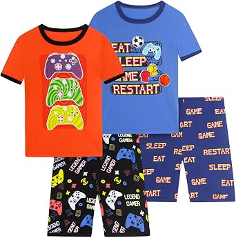 Boys Pajama Set, 4-Piece Cotton Pajamas Short Summer PJs Kids Sleepwear