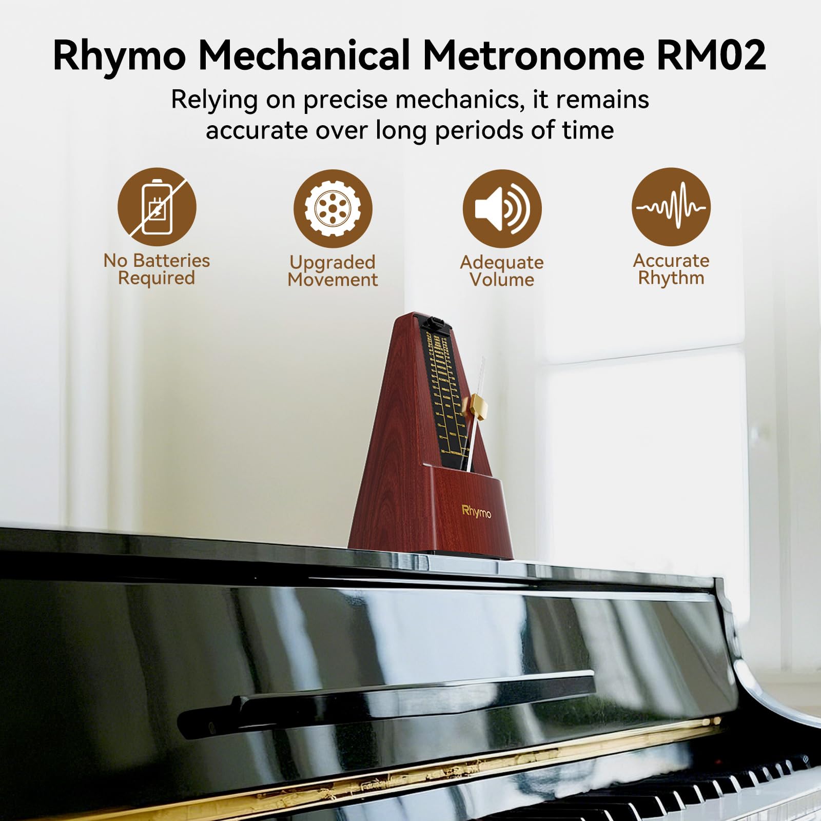 Métronome mécanique pour piano, guitare et batterie, mouvement amélioré, 40-208 BPM avec 4 modes de battement, tempo clair et fort pour débutants et musiciens, design classique à remonter, en bois