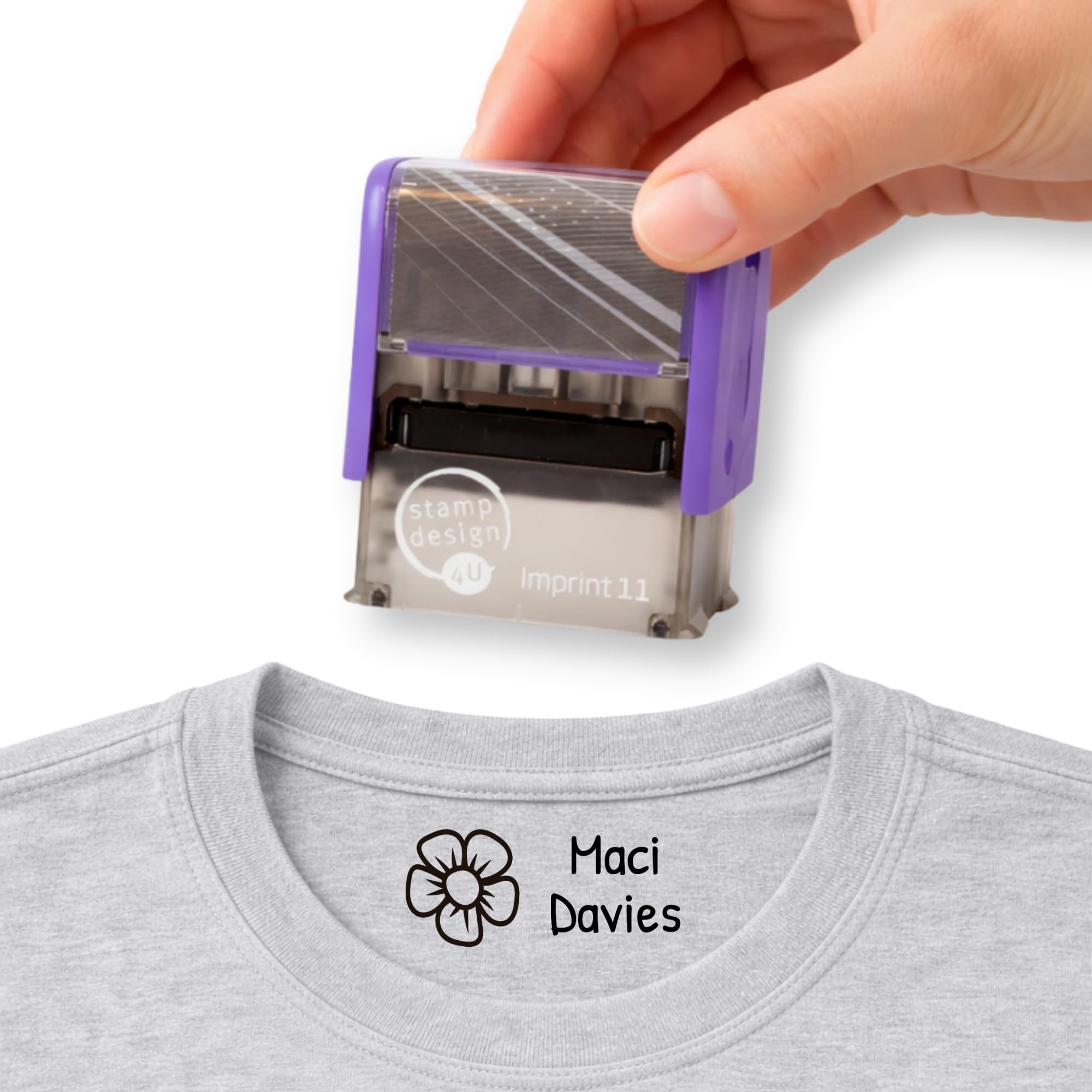 Clothing Name Stamp Custom Textile Stamp for Kids, School Uniforms & Nursery Clothes with Flower Icon