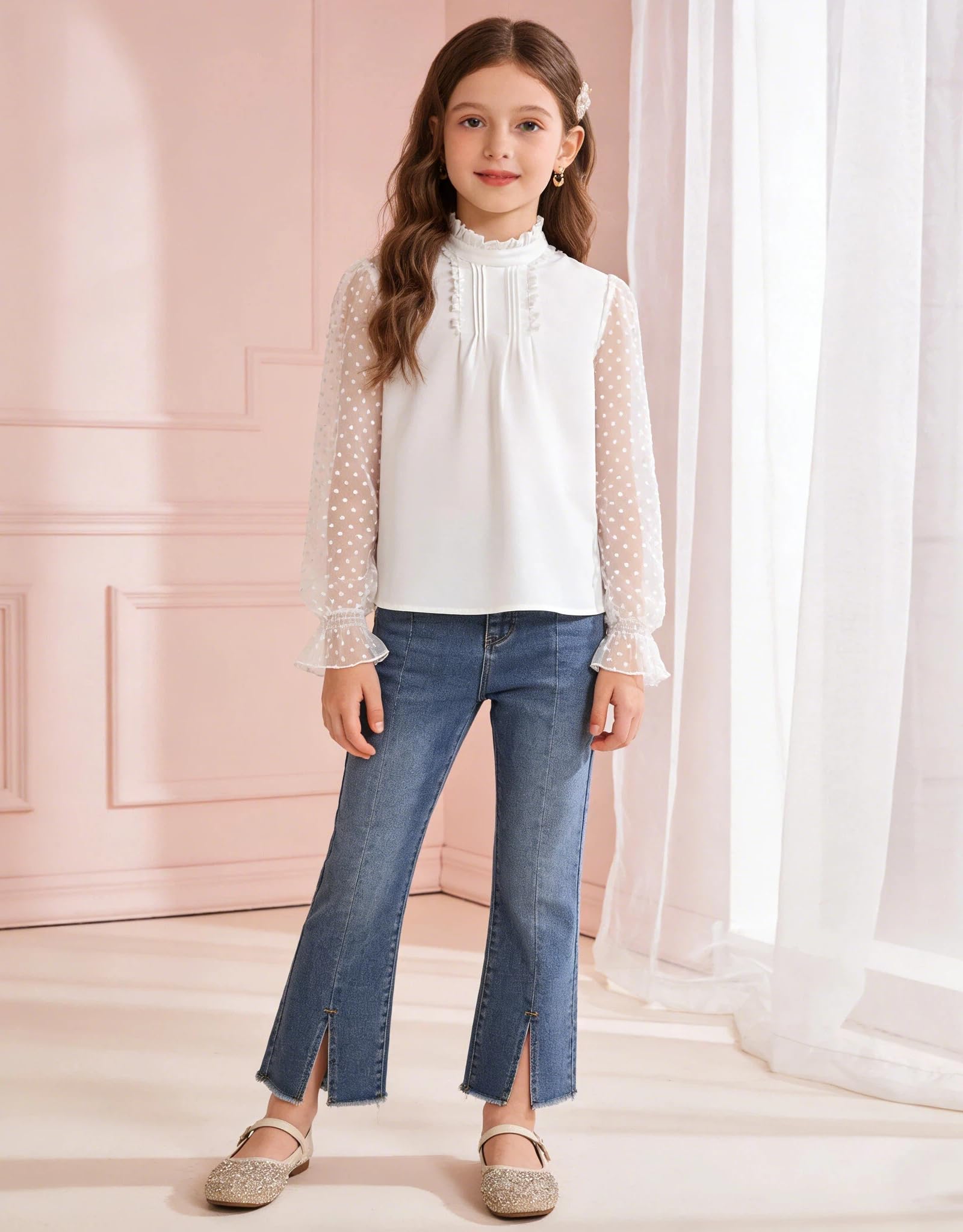 Rolanko Chemise à Manches Longues pour Filles Blouse en Mousseline Hauts Mignons à Col Volant et Pois Suisses