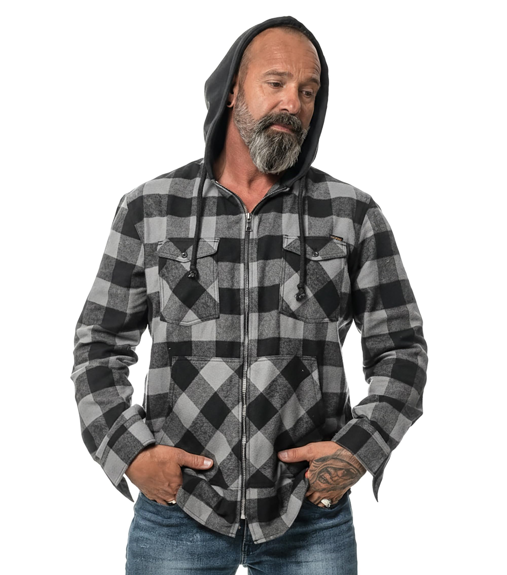 ROCK-IT Apparel Hombre Camisa de Franela de Manga Larga a Cuadros con Capucha I Camisa de Leñador con Bolsillo Delantero y Cremallera [Tallas S-5XL]