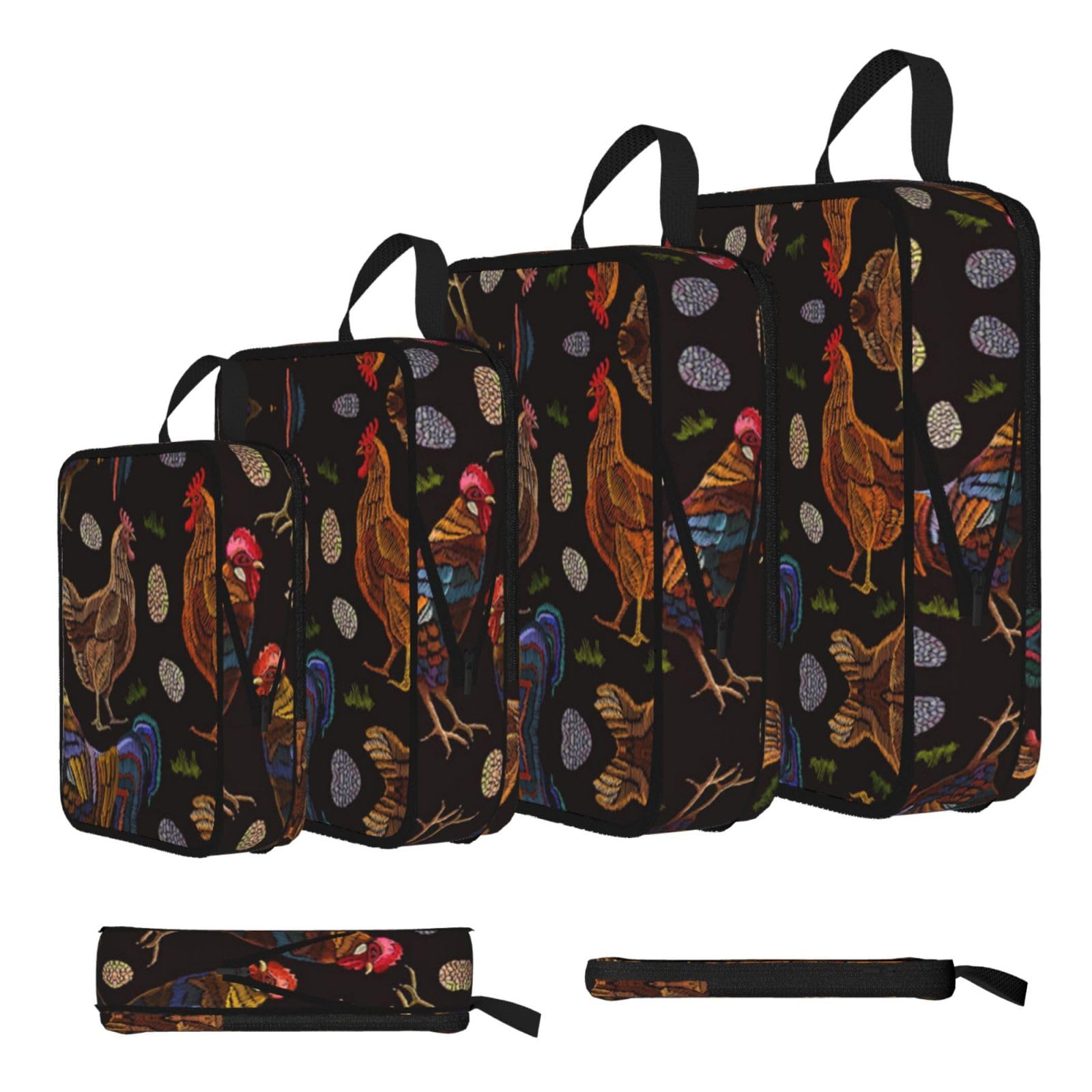 Esnaiuvcd Black Chicken Print Print 4 Set Compression Packing Cubes For Suitcases,Expandable Storage Bags Organizers