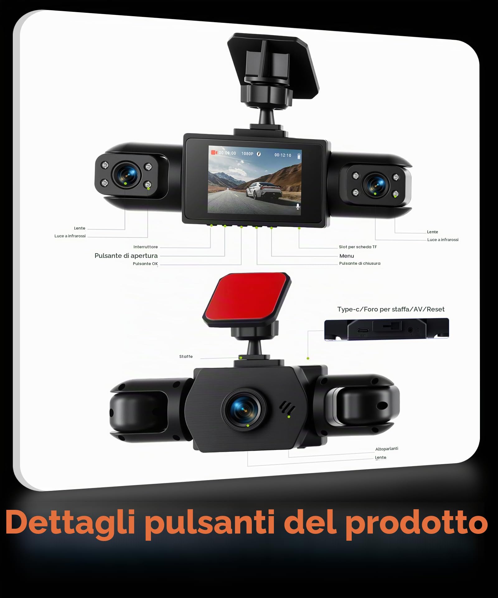 Rimoody 360° 4 Canali Dashcam Auto, 4 Telecamera HD 1080P Anteriore e Posteriore Sinistra Destra, 2 Pollici IPS Schermo Dash Cam con Visione Notturna 8 IR/Loop Video/24H Parcheggio Monitor