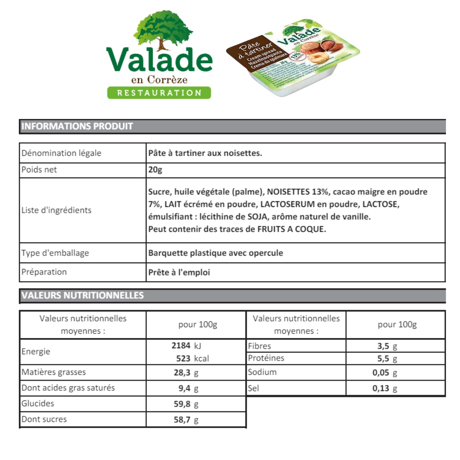 VALADE - 54 barquettes préparation de fruits et pâte à tartiner | Préparation de fruits 35% abricot, fraise, groseille et pâte à tartiner - petit déjeuner hôtel, gîte, restauration pro