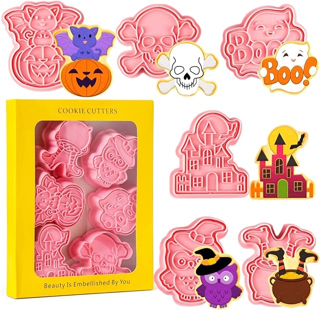 Crethink Halloween Cookie Cutter Set, 6pcs 3D Pressable Halloween Biscuit Cutters Set - Bat ,Pumpkin, Skull,Embossed Stamped Pastry Cutters, for Kitchen Baking