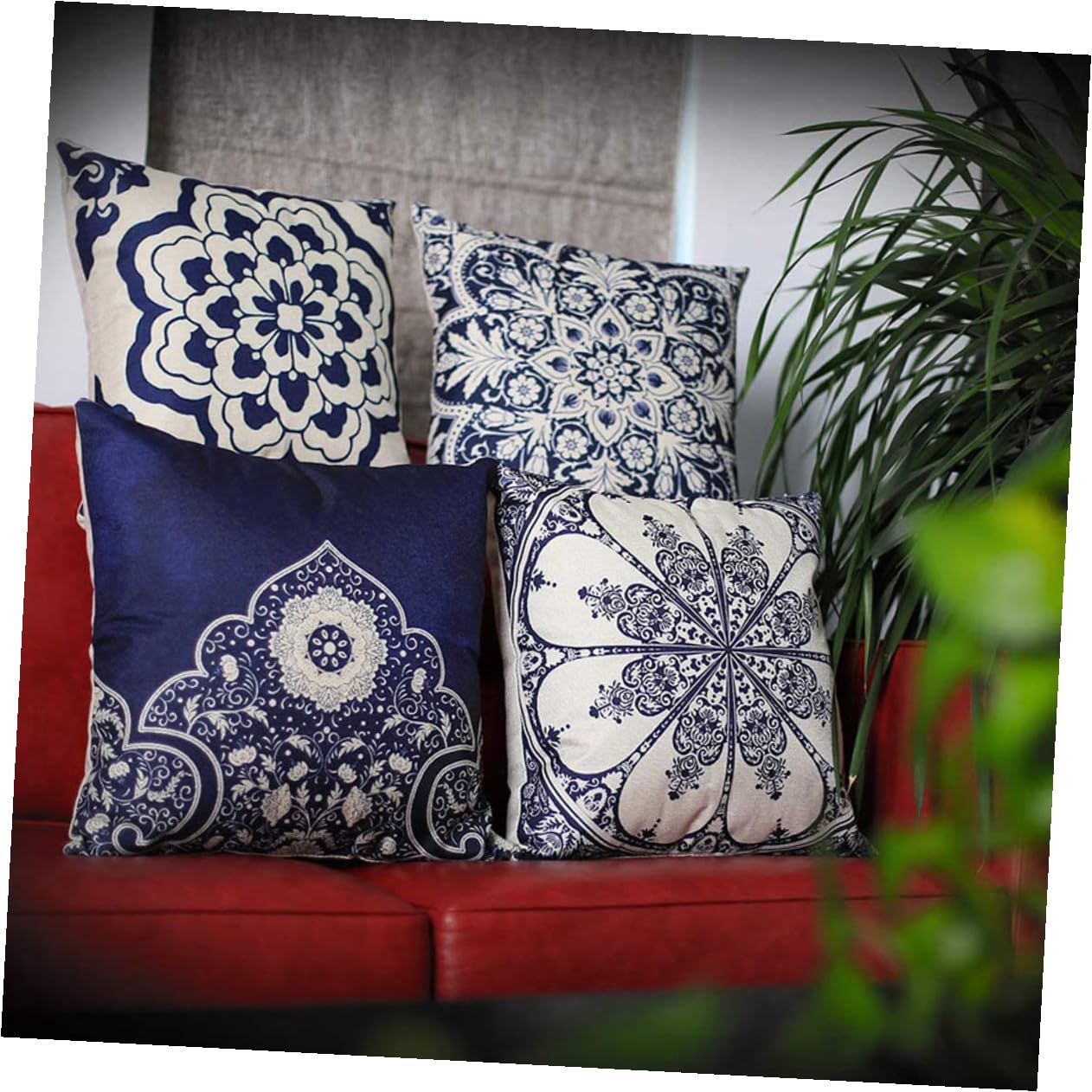 NUOBESTY 4 pezzi Federe Cuscini Quadrate in Lino e Cotone Stile Cinese con Motivo Floreale Classico per Divano Casa Ufficio Copricuscini Decorativi con Chiusura Zip per Soggiorno e Camera