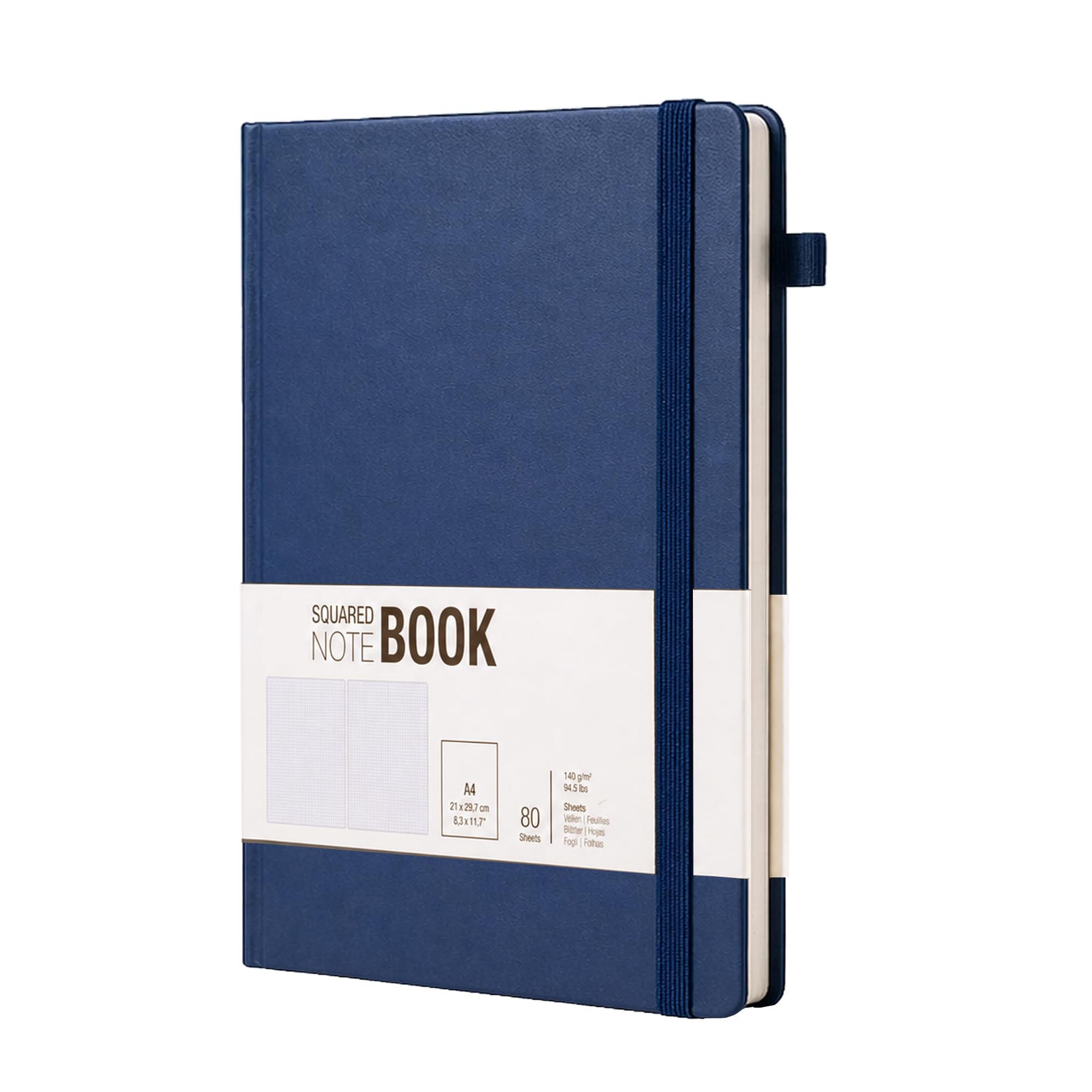 MS MY STATIONERY A4 Squared Notebook 5mm Grid Hardback PU Leather Cover, 140gsm Thick Paper, Acid-Free FSC Certified, 160 Pages/80 Sheets-Graph Notebook for Maths, Drawing, Journaling (Deep Indigo)