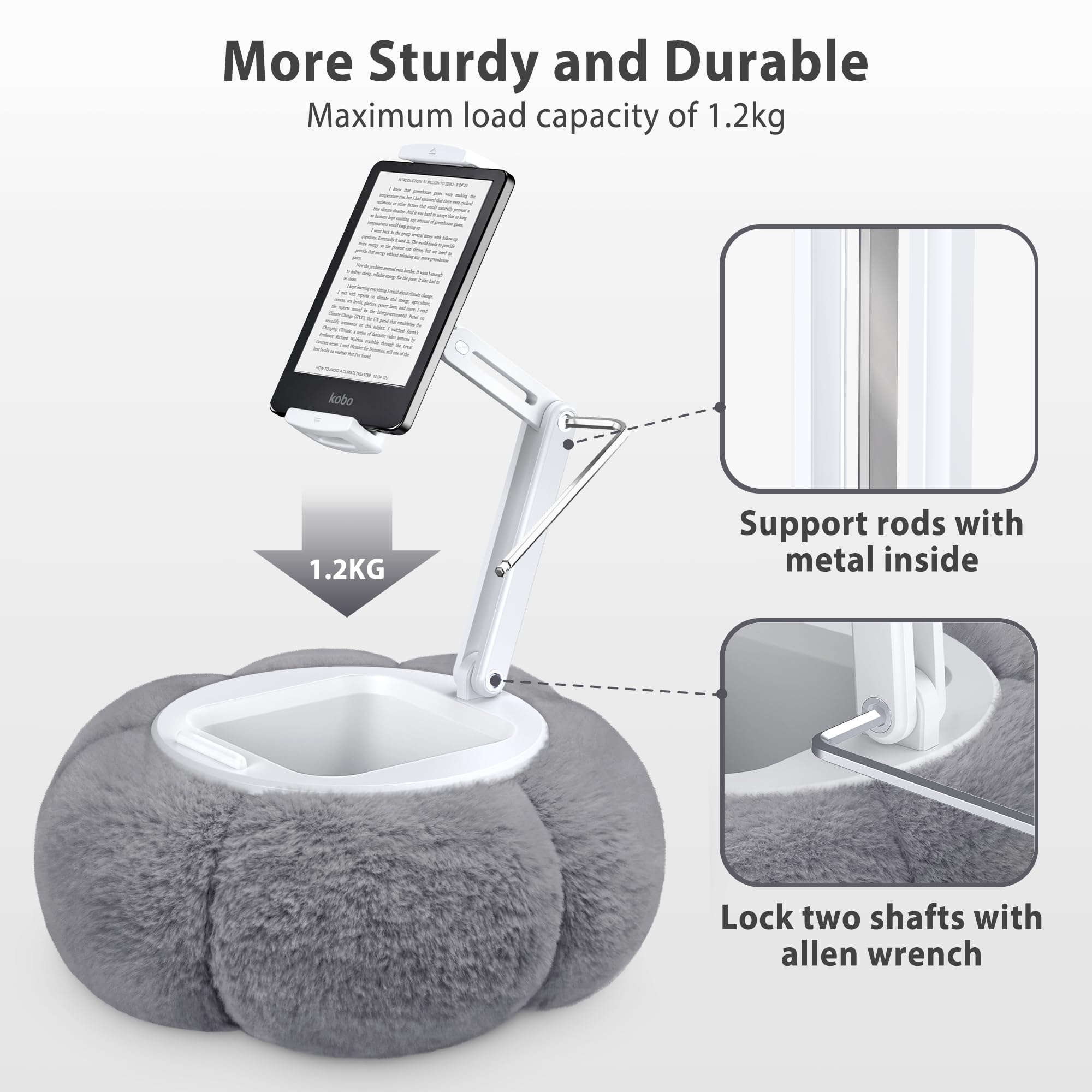 CreaDream Pumpkin - Supporto per cuscino da tablet per Kindle, regolabile, con ciotola per snack rimovibile, compatibile con tablet da 4,7"-13", iPad, iPhone, Samsung Tabs, grigio