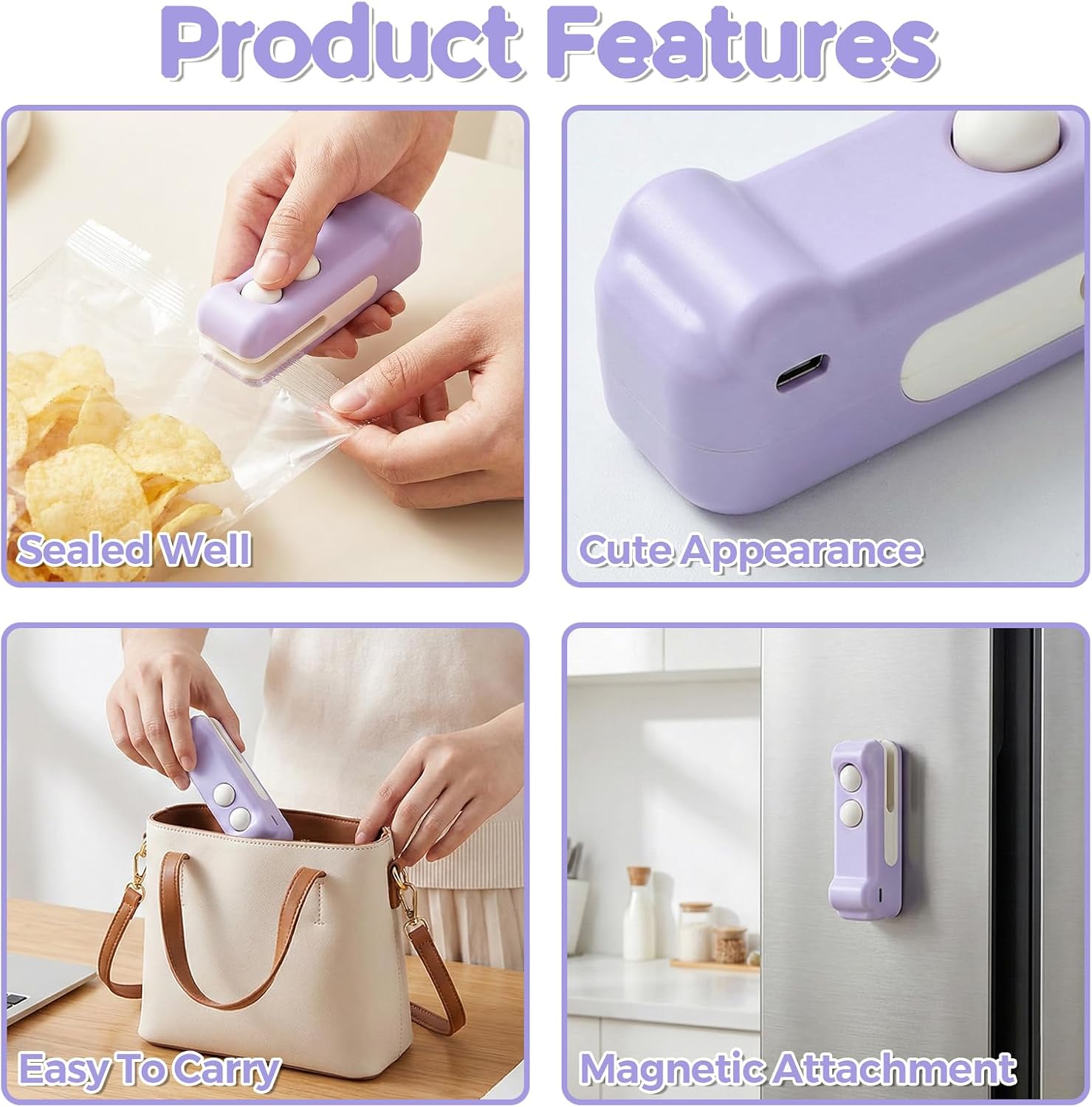 Tiiyee Mini Bag Sealer, 2 in 1 Rechargeable Mini Bag Sealer with Cutter and Magnet, Handheld Plastic Bag Sealing Machine Portable Resealer for Chip Food Freshness Storage Snacks Small Package(Purple)