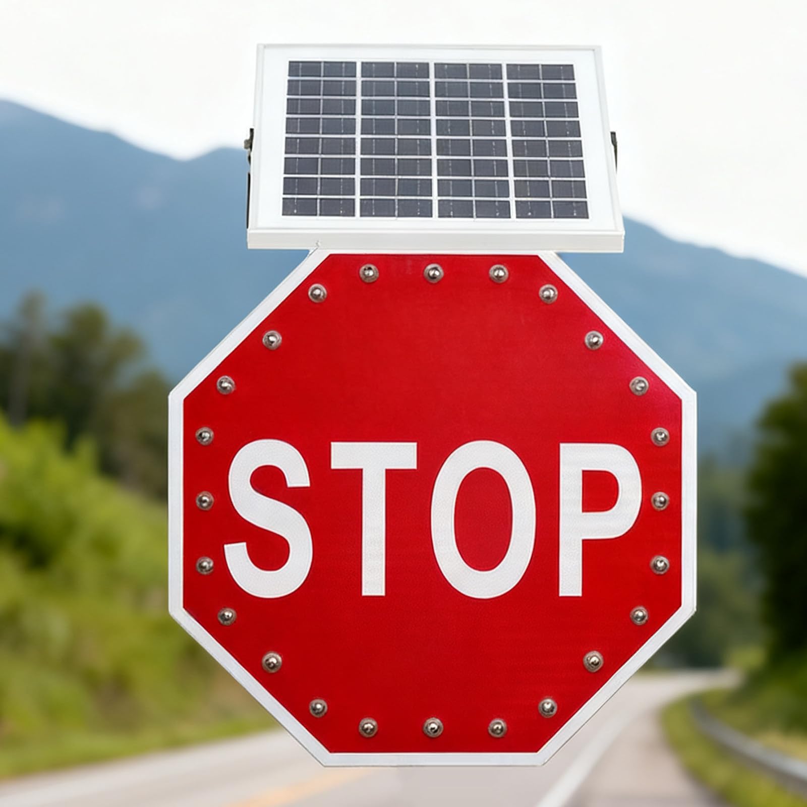 Señal Vial Stop Metálica Termolacada 30" con Iluminación LED Solar Intermitente y Película Reflectante Industrial, Señal Vial Calzada, Esencial para Calzadas