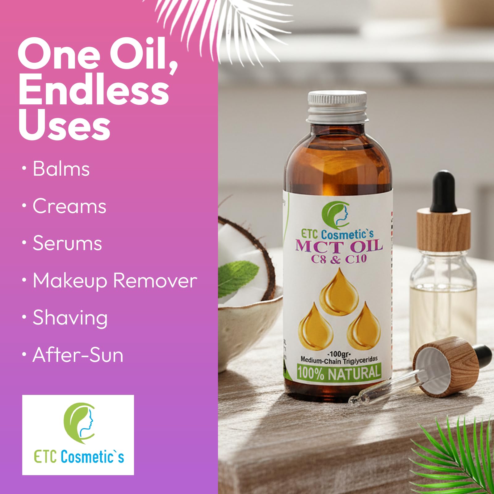 Aceite MCT - 100 g - Triglicéridos de cadena media C8 y C10 | Usos: bálsamos, cremas, productos para después del sol, aceites de playa, contorno de ojos, desmaquillantes, sérums