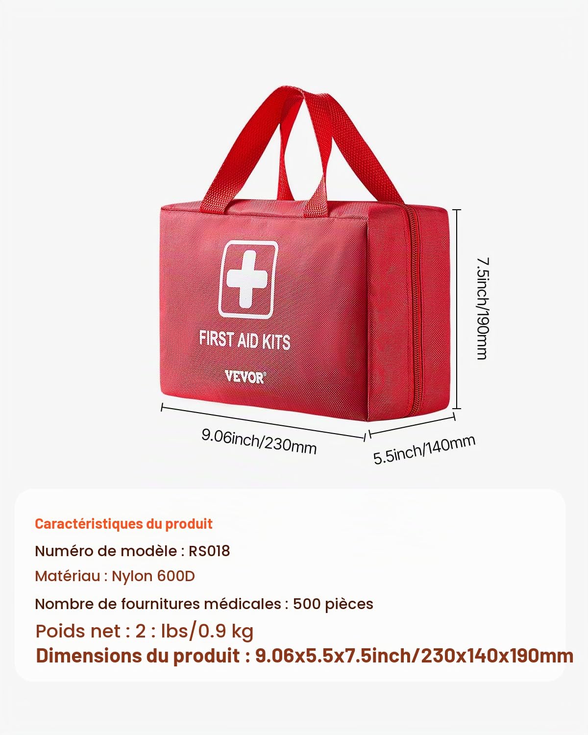 VEVOR Trousse Premiers Secours en Nylon 600D Kit Sac de Survie 500 PCS Fournitures Médicales d'Urgence, pour Maison, Voiture, Bureau, Voyages, Camping, Camion, Randonnée, Sport, Urgences en Extérieur