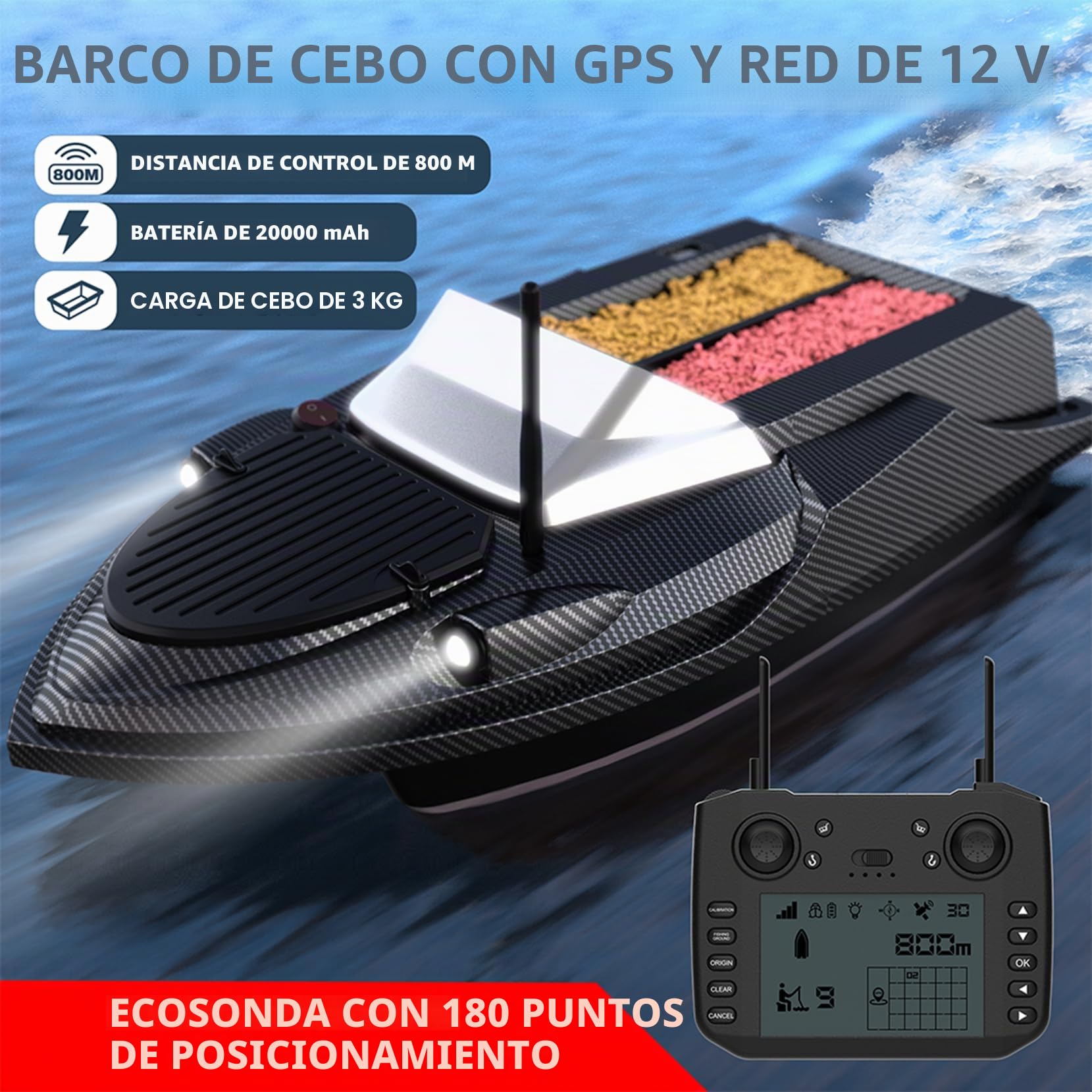 GPS Smart RC - Barco de cebo de pesca, 3 kg, crucero automático, doble motor, gran capacidad, 800 m, control remoto, distancia LED, luz nocturna, barco, 20000 mAh (edición buscador de peces)