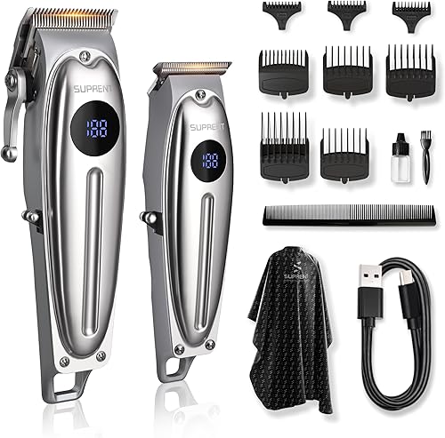 SUPRENT Cortapelos profesional recargable para hombres, kit de corte de pelo inalámbrico con pantalla LED (plata)