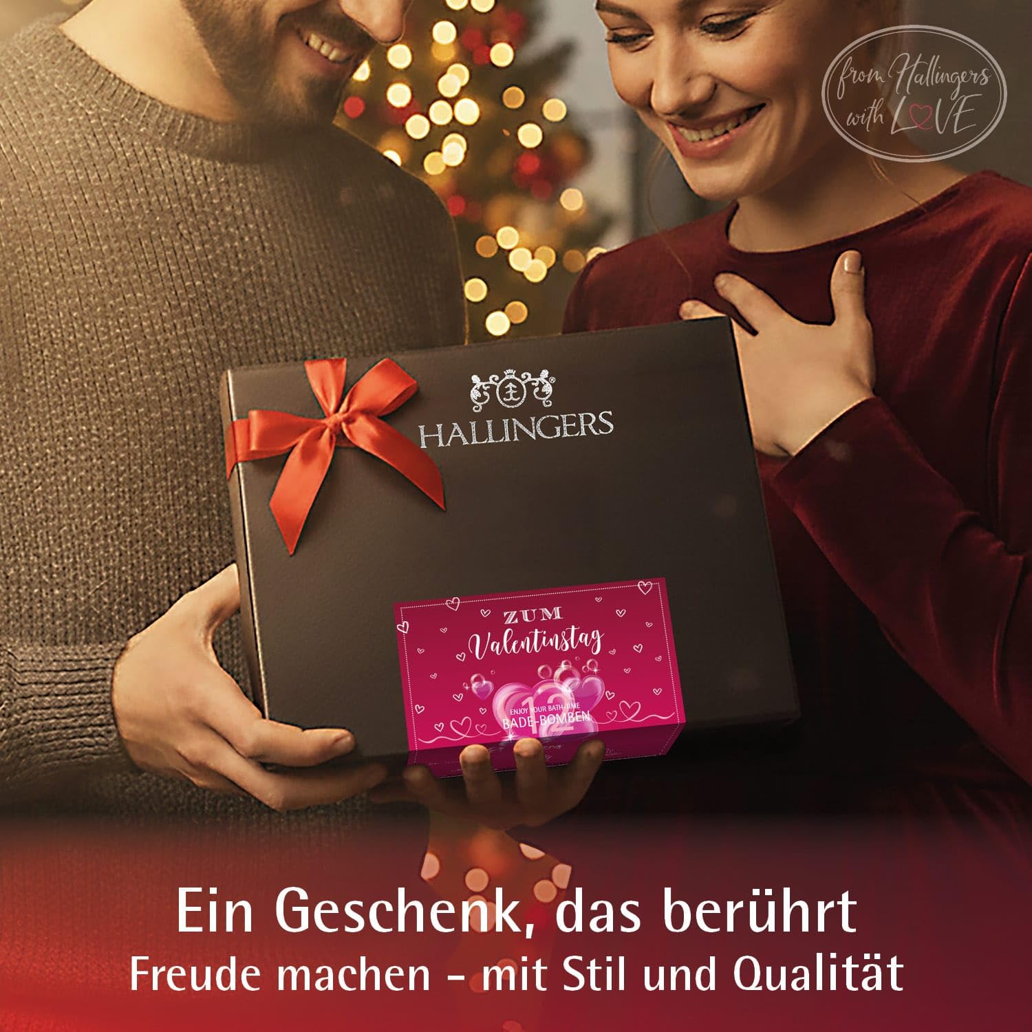 Hallingers Genuss Manufaktur Badebomben Valentinstagsgeschenk-Set - 12x Badekugeln Bath Bombs in edler Geschenkbox, Frauen Badeperlen-Wellness & Spa "Zum Valentinstag", Valentintstag für Frauen Männer