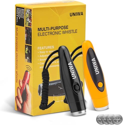 UNIWA Silbatos electrónicos, 2 unidades de silbato de mano de 3 tonos de alto volumen con cordón para profesor, entrenador, árbitro, silbato de