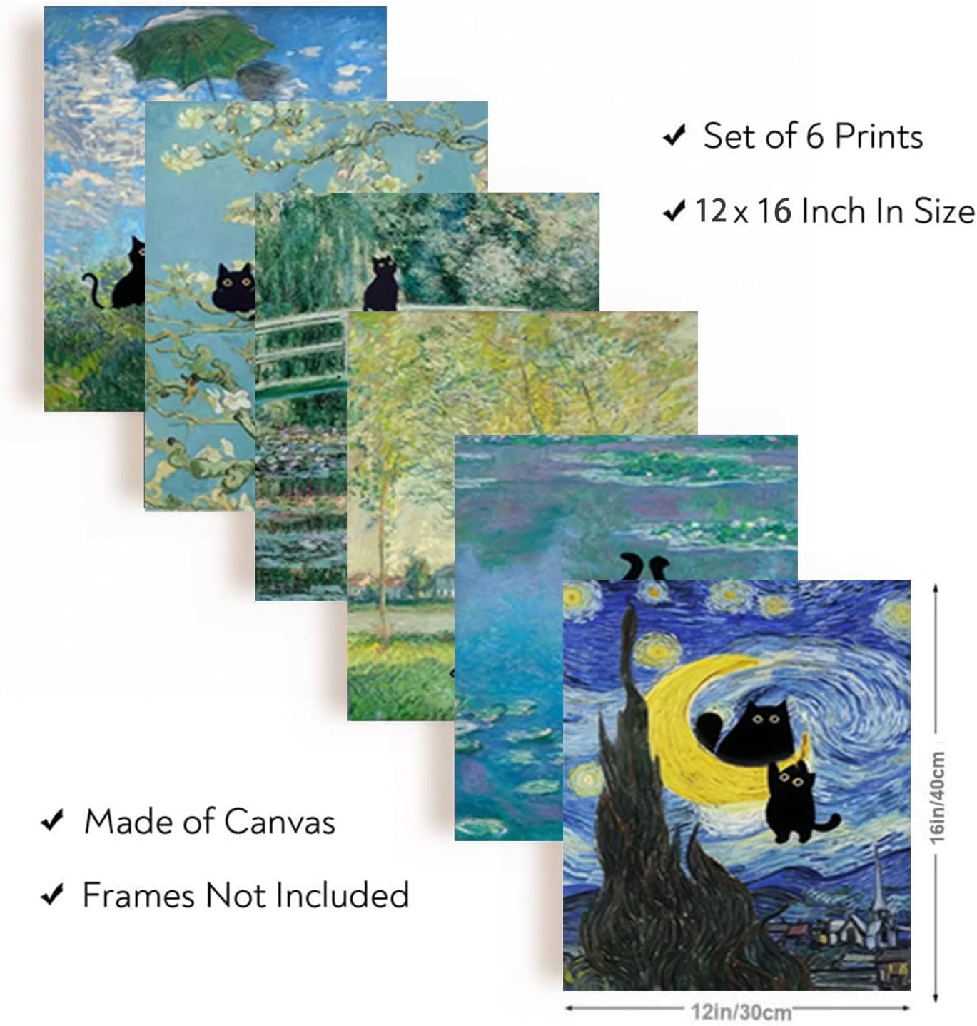 EAGLOG 6 Pieces Funny Black Cat Wall Art, Cats in Famous Paintings Posters Prints,Eclectic Cute Preppy Aesthetic Room Decor for Living Room Bedroom (12"x16") Unframed image 2