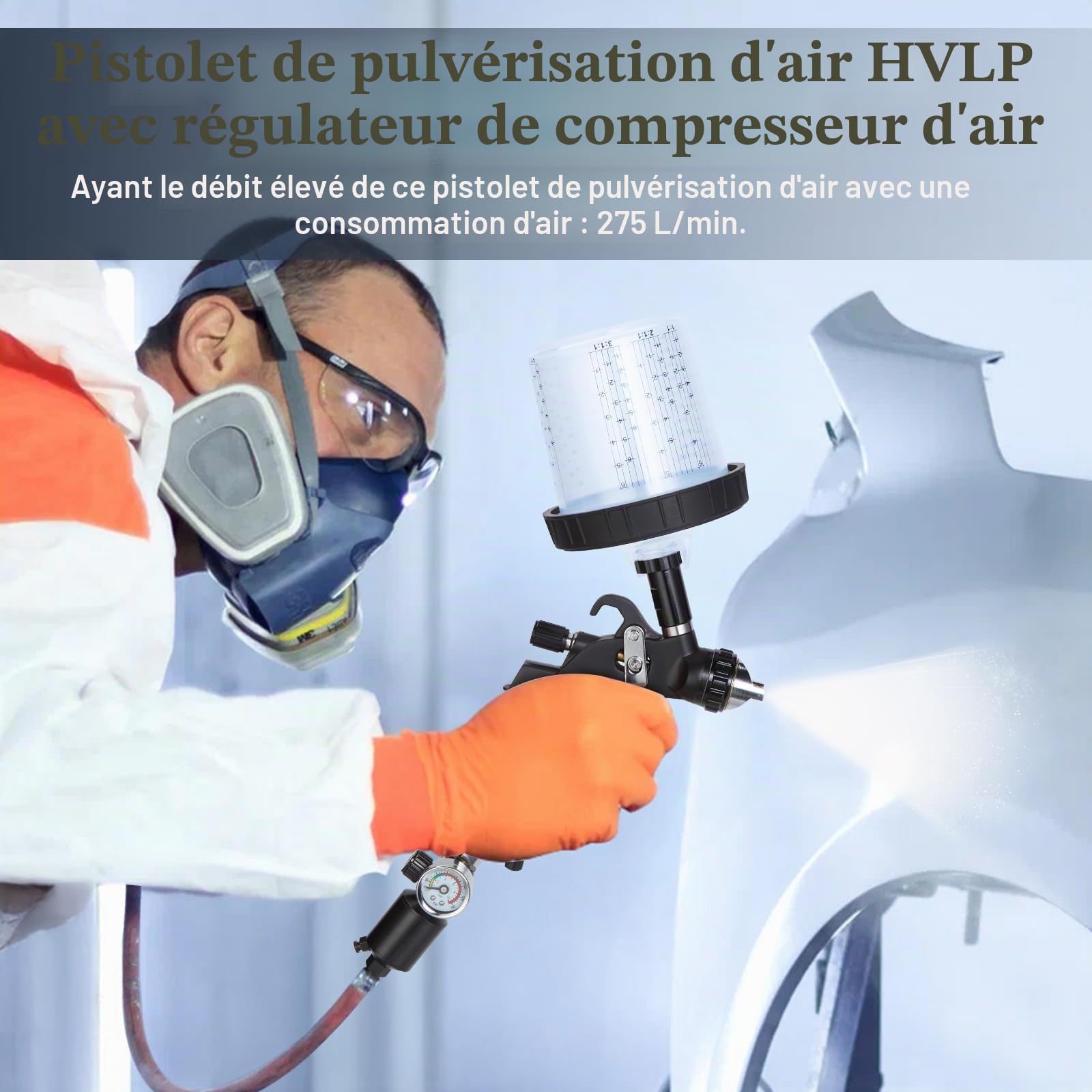 BlumWay HVLP Pistolet de pulvérisation d'air avec buses de 1,4/1,7/2 mm et régulateur de compresseur d'air, pistolet de pulvérisation d'air avec 10 gobelets de mélange et couvercle, pulvérisateur de